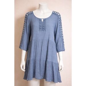 Indigo Rose Blue Crinkle Gauze Crochet Lace Tiered Babydoll Dress Plus Size 2X